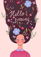 Spring card or poster with a girl and flowers. Vector graphics.