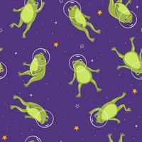 Seamless pattern with frogs in space. Vector graphics.