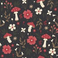 Seamless pattern with fly agaric and flowers. Vector image.