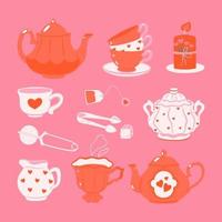 Tea set with the mood of Valentine s day. Vector graphics.