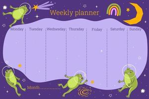 Weekly planner with frogs in space. Vector graphics.