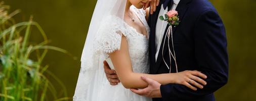 pareja de bodas de lujo casada novia y novio posando en el parque otoño foto