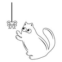 Cute cat playing bow on a rope, black outline, vector illustration in doodle style