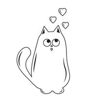 Cute cat in love, black outline vector illustration in doodle style