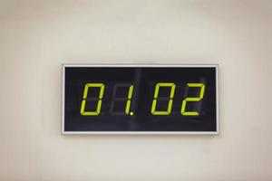 Black digital clock on a white background showing time   Closeup group date calendar 01.02 photo