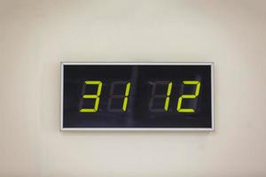 Black digital clock on a white background showing time the date of december st with background 31.12 photo