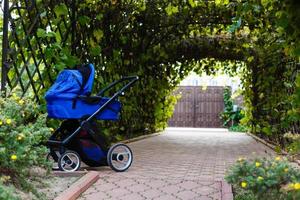 the blue stroller stands in the courtyard of the house photo