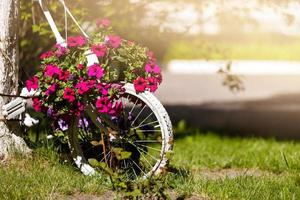 Vintage bicycle on the field with a bag and basket photo