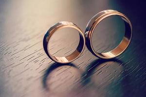 detalles de la mañana del día de la boda. dos anillos de boda dorados están sobre la mesa de madera marrón