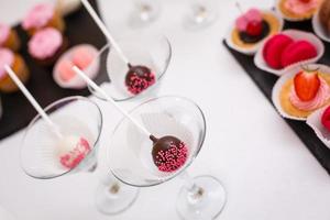 Home made chocolate cake pop decorated with pink and white sugar sprinkles. photo