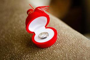 dos anillos de boda en una caja roja foto