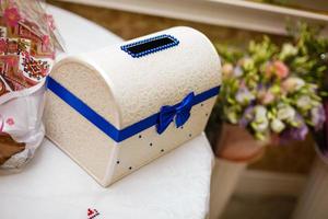 Wedding set. Guest Book. Box for money. Boxes for gifts. Ivory, decorated with a blue ribbon. photo