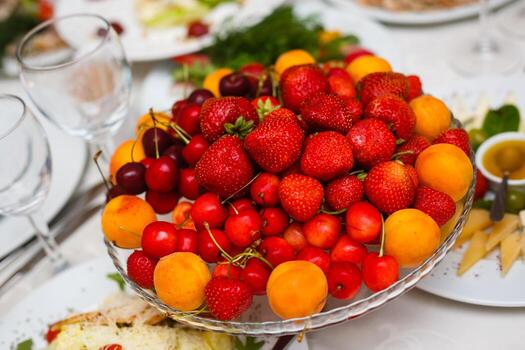 mesa de boda decoración de frutas en el restaurante, piña, fresa, uva fresa uva mesa buffet foto