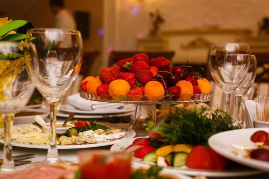 mesa de boda decoración de frutas en el restaurante, piña, fresa, uva fresa uva mesa buffet foto