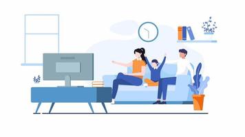 famille regardant une émission de télévision. père mère et fils regardent la télévision et s'amusent ensemble. bonheur dans le concept de famille design plat pour application web video