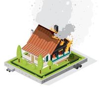 Residential Suburban Building on Flaming Fire. Isometric Concept. Dense Smoke. vector