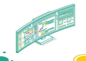 Isometric Curved Gaming Monitor with Open Web Pages and Folders. PC Computer Monoblock. vector