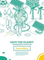 Save the Planet. Hands Hold Model of Globe. Isometric Concept. Environmental Protection. Solar Panels. vector