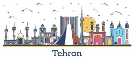 delinear el horizonte de la ciudad de teherán irán con edificios históricos de colores aislados en blanco. vector