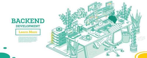 desarrollo de backend en la computadora. el programador de trabajo se sienta en una silla con ruedas frente al monitor curvo con código. vector