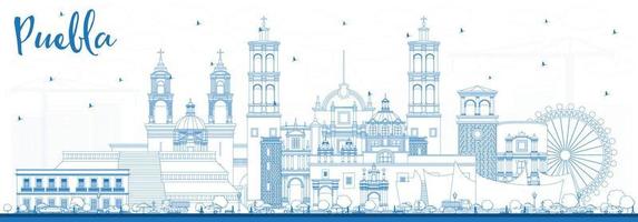 Outline Puebla Mexico City Skyline with Blue Buildings. vector