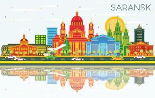 Saransk Russia City Skyline with Color Buildings, Blue Sky and Reflections. vector