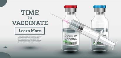 Time to Vaccinate. Two Vaccine Bottles with Syringe for Covid-19. vector