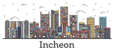 Outline Incheon South Korea City Skyline with Color Buildings Isolated on White. vector