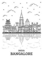 delinear el horizonte de la ciudad de bangalore india con edificios históricos y reflejos aislados en blanco. vector