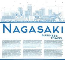 Outline Nagasaki Japan City Skyline with Blue Buildings and Copy Space. vector