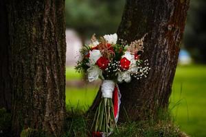 Beautiful bouquet of roses standing near a tree on the green grass photo