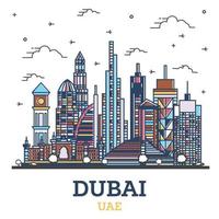 delinear el horizonte de la ciudad de dubai, emiratos árabes unidos, uae con modernos edificios de colores aislados en blanco. vector