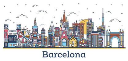 delinear el horizonte de la ciudad de barcelona españa con edificios históricos de colores aislados en blanco. vector