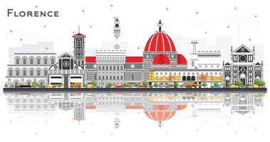 Florence Italy City Skyline with Color Buildings and Reflections Isolated on White. vector