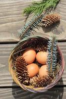 Easter eggs in a basket of 4 with pine leaves and pine cones on a light wooden background. photo