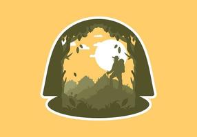 silhouette flat illustration of a mountain climber standing on top of a hill vector