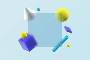 composición de formas geométricas isométricas de colores abstractos con diseño de fondo de marco de estilo de morfismo de vidrio transparente. telón de fondo de ilustración 3d de dibujos animados modernos para presentación foto