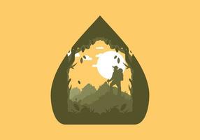 silhouette flat illustration of a mountain climber standing on top of a hill vector