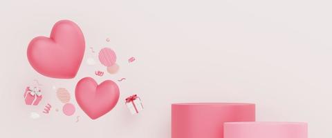 Valentine's day concept background. hearts shape floating with elements. minimal podium display banner, 3d illustration photo