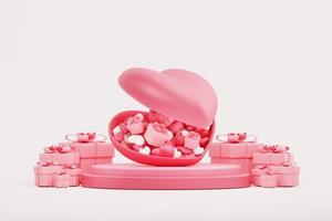 Valentine's day concept. heart filled with hearts on stack podium and present boxes landscape with copy space on white background 3d illustration. photo