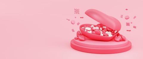 Valentine's day concept. heart filled with hearts on stack podium and floating elements in landscape with copy space 3d illustration. photo