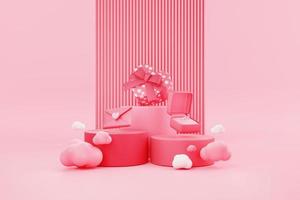 Valentine's day concept. three simple cylinder podium and floating clouds with chocolate box heart shape, love letter and diamond ring box icon 3d illustration. photo