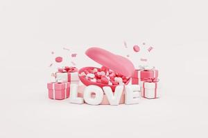 Valentine's day concept. heart filled with hearts, present box, love text balloon on pink background. 3d illustration photo