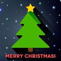 Flat Christmas tree with long shadow over the space with stars and sparkles vector
