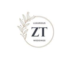 plantilla de logotipos de monograma de boda con letras iniciales zt, plantillas florales y minimalistas modernas dibujadas a mano para tarjetas de invitación, guardar la fecha, identidad elegante. vector