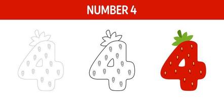Number 4 tracing and coloring worksheet for kids vector