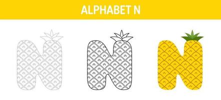 Alphabet N tracing and coloring worksheet for kids vector