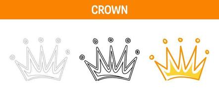 Crown tracing and coloring worksheet for kids vector