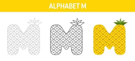 Alphabet M tracing and coloring worksheet for kids vector