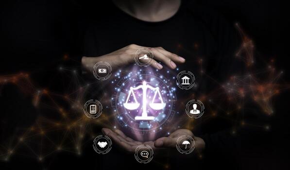 Justice lawyers with Judge gavel, Businessman in suit or lawyer Hiring lawyers in the digital system. Legal law, prosecution, legal adviser, lawsuit, detective, investigation,legal consultant.. photo